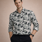 Grey & Sage Green Abstract Leaf Print Satin Shirt | Smart Casual Statement Wear | Presence Fit