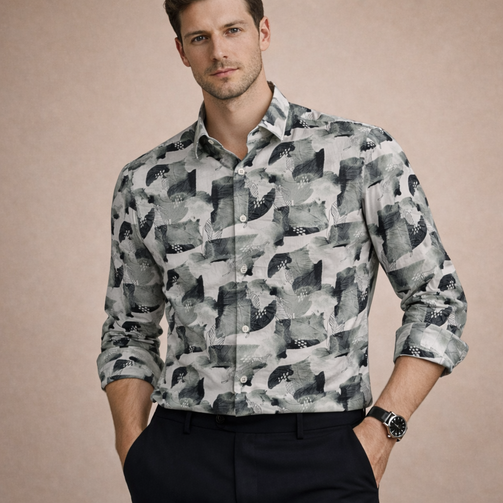 Grey & Sage Green Abstract Leaf Print Satin Shirt | Smart Casual Statement Wear | Presence Fit