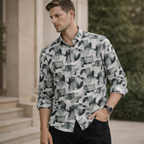 Grey & Sage Green Abstract Leaf Print Satin Shirt | Smart Casual Statement Wear | Presence Fit