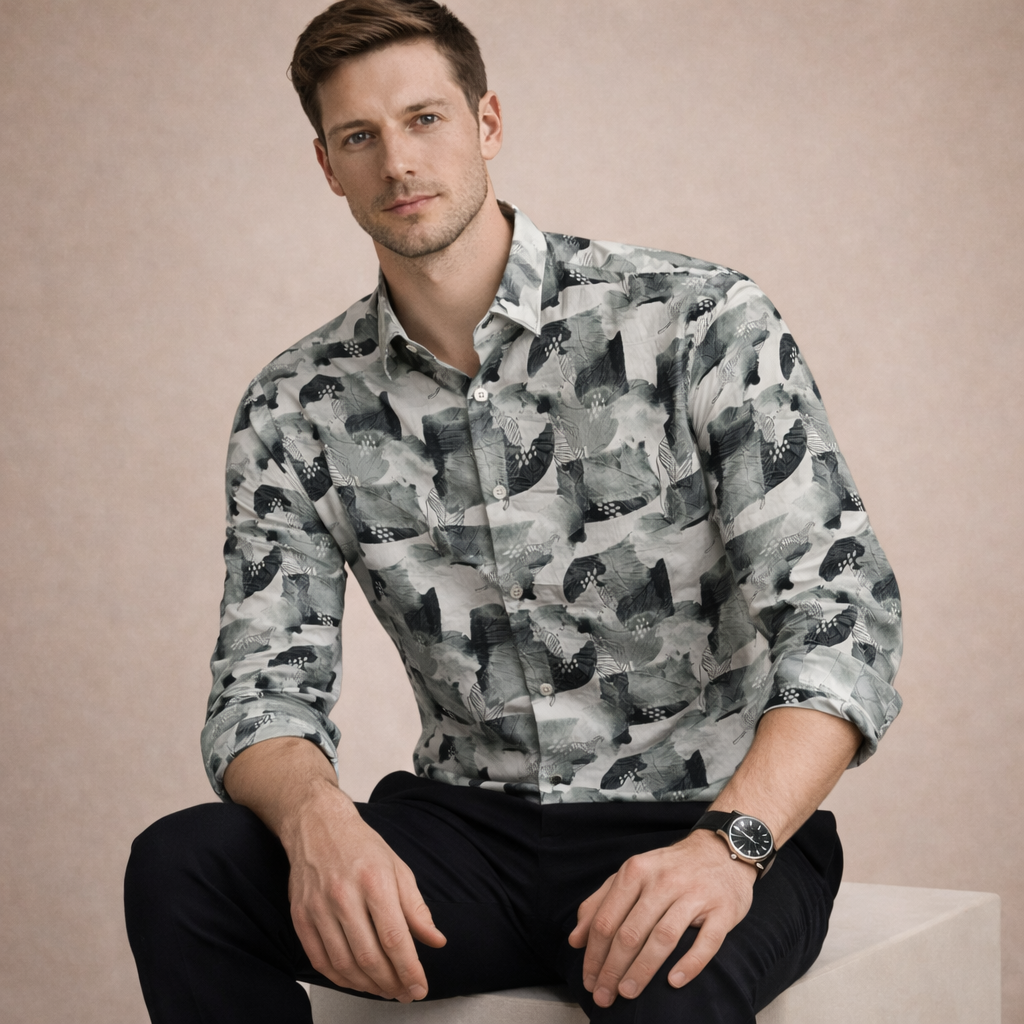 Grey & Sage Green Abstract Leaf Print Satin Shirt | Smart Casual Statement Wear | Presence Fit