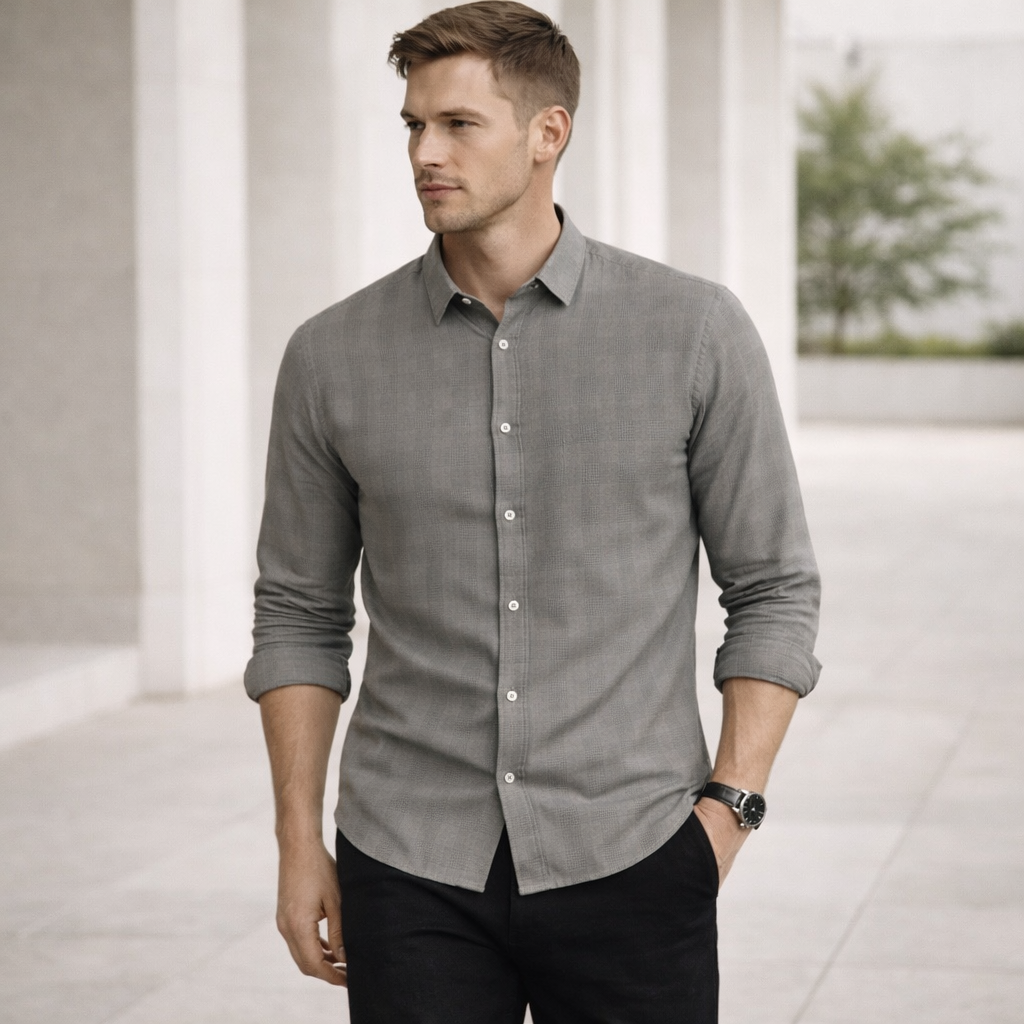 Grey Slub Dobby Premium Shirt | Smart Casual Textured Cotton | Presence Fit