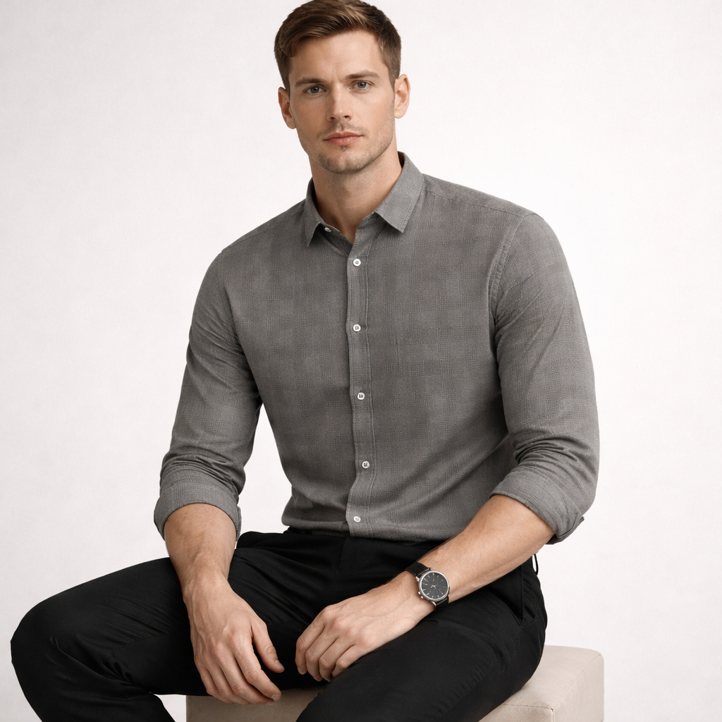 Grey Slub Dobby Premium Shirt | Smart Casual Textured Cotton | Presence Fit