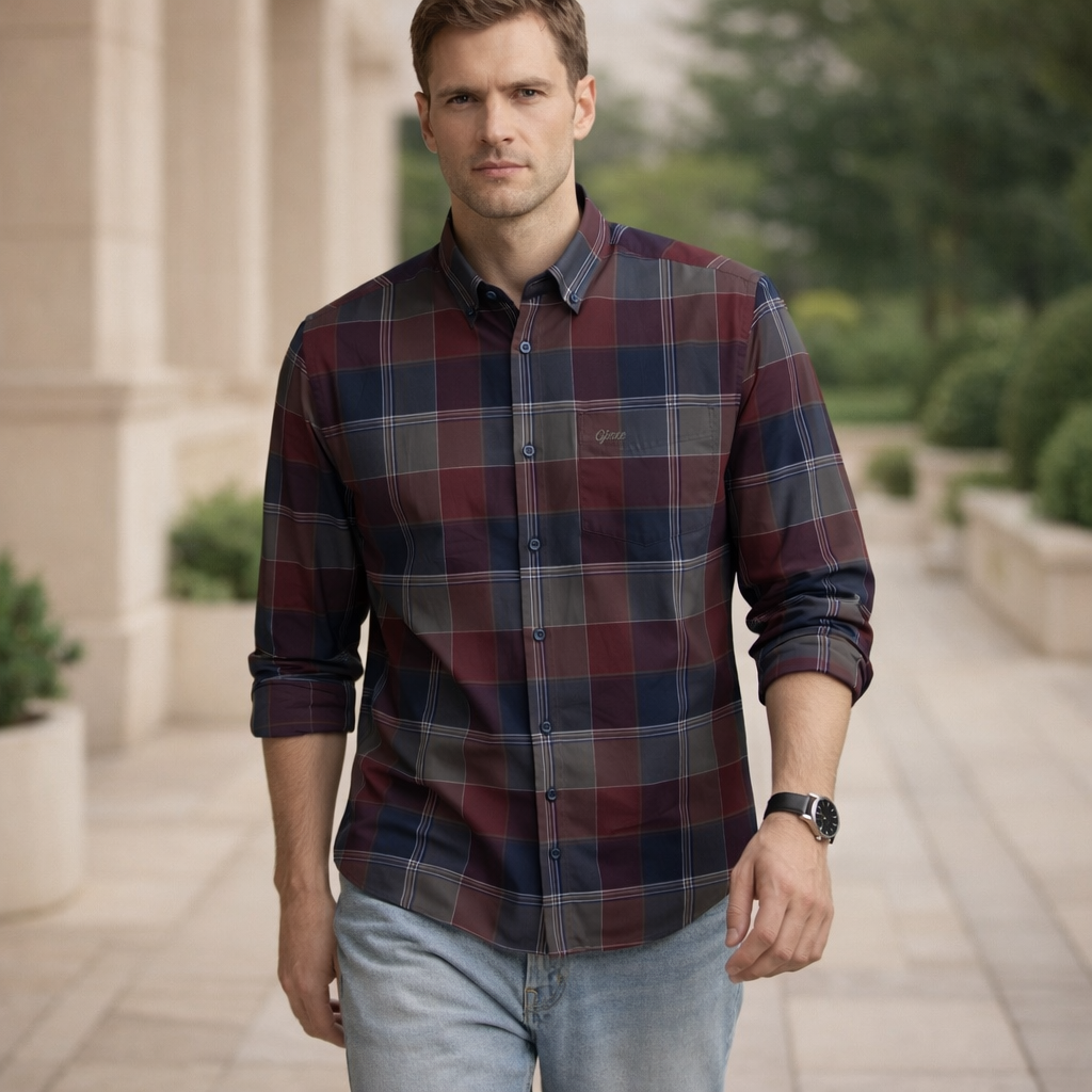 Burgundy & Navy Check Premium Oxford Shirt | Smart Casual Plaid | Presence Fit