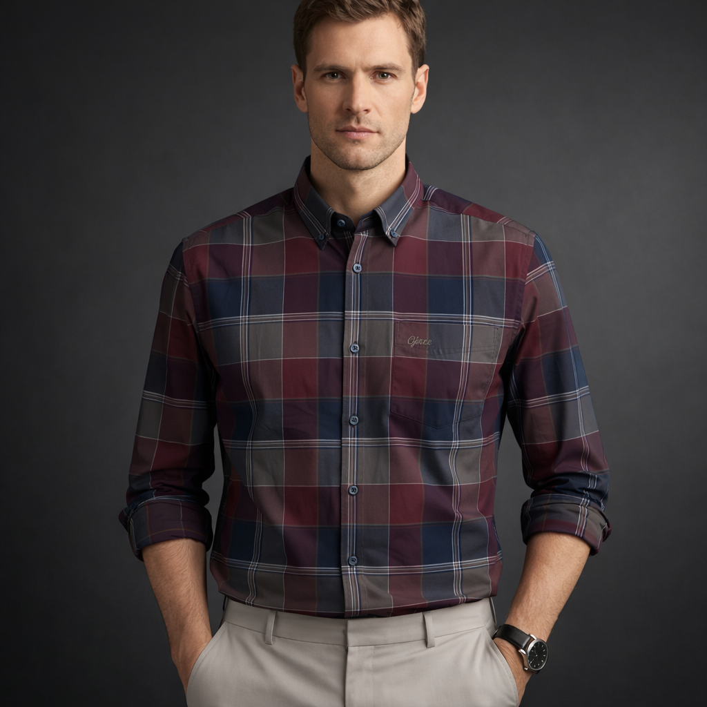 Burgundy & Navy Check Premium Oxford Shirt | Smart Casual Plaid | Presence Fit