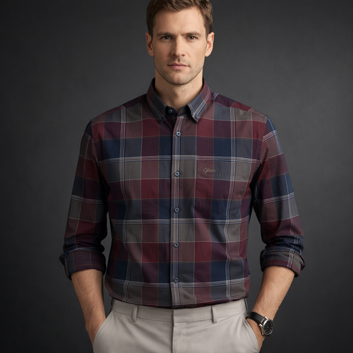 Burgundy & Navy Check Premium Oxford Shirt | Smart Casual Plaid | Presence Fit
