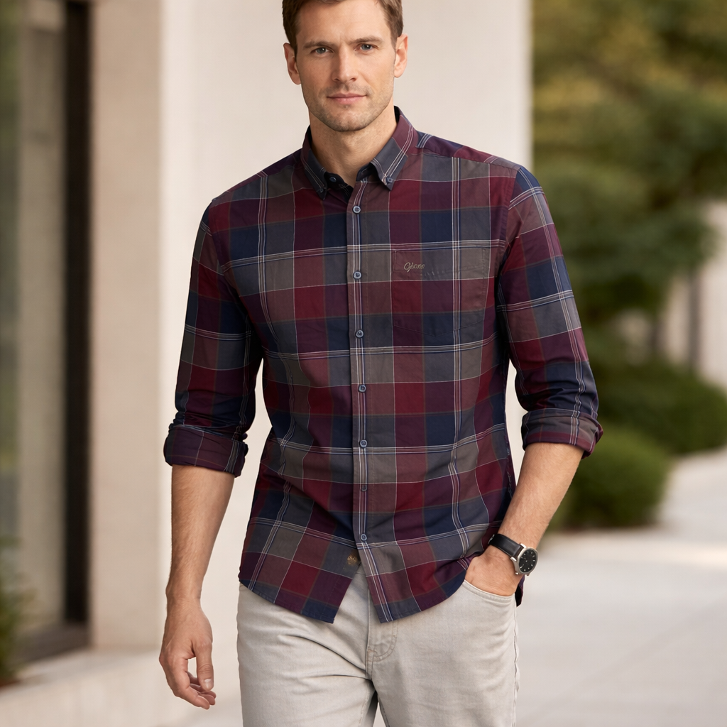 Burgundy & Navy Check Premium Oxford Shirt | Smart Casual Plaid | Presence Fit
