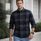 Navy Blue & Grey Check Premium Oxford Shirt | Smart Casual Plaid | Signature Presence Fit