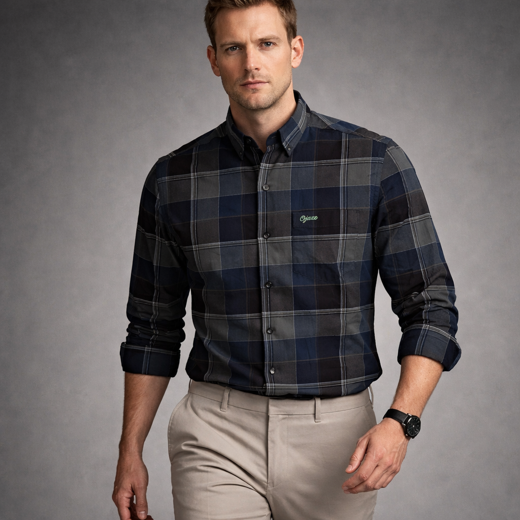 Navy Blue & Grey Check Premium Oxford Shirt | Smart Casual Plaid | Signature Presence Fit