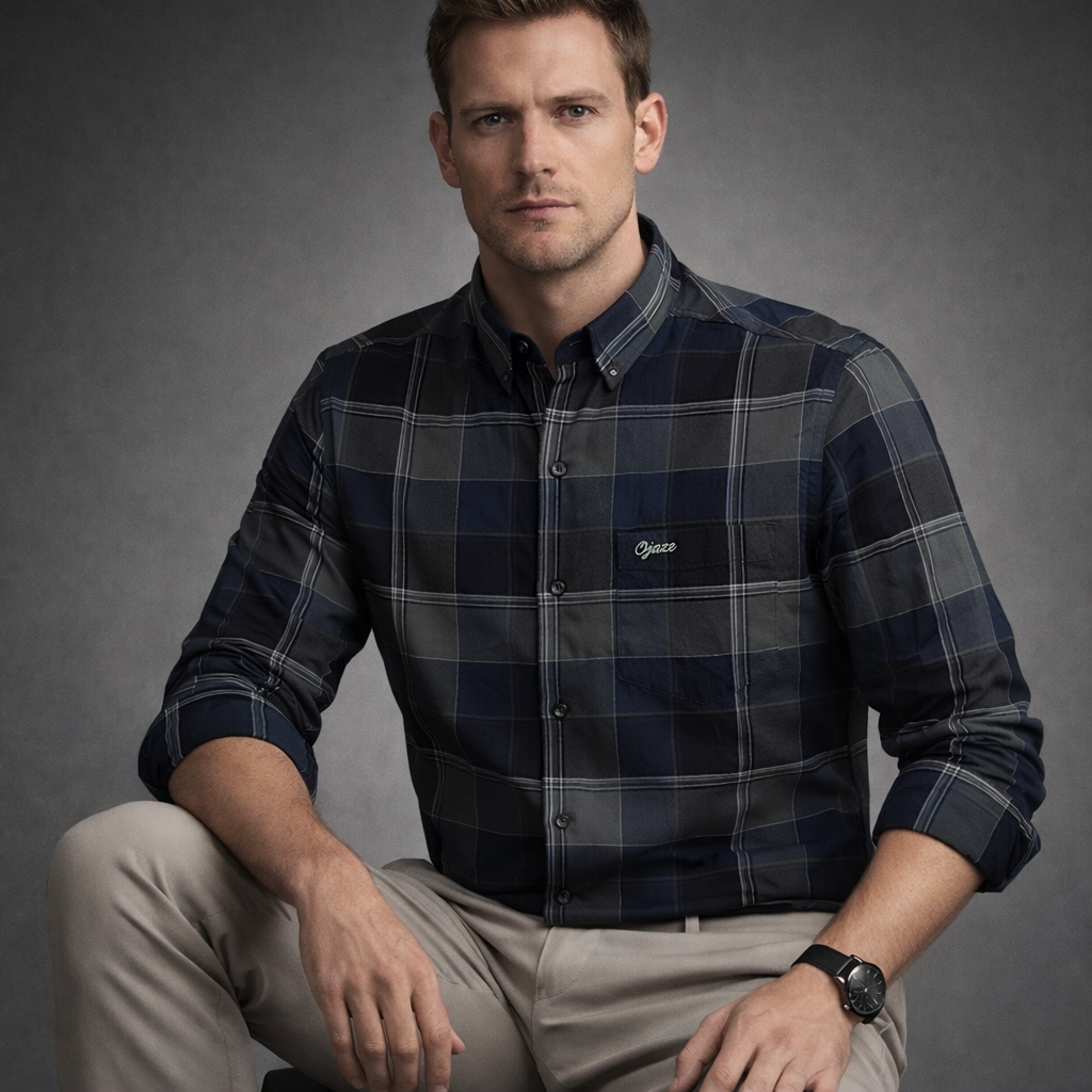 Navy Blue & Grey Check Premium Oxford Shirt | Smart Casual Plaid | Signature Presence Fit