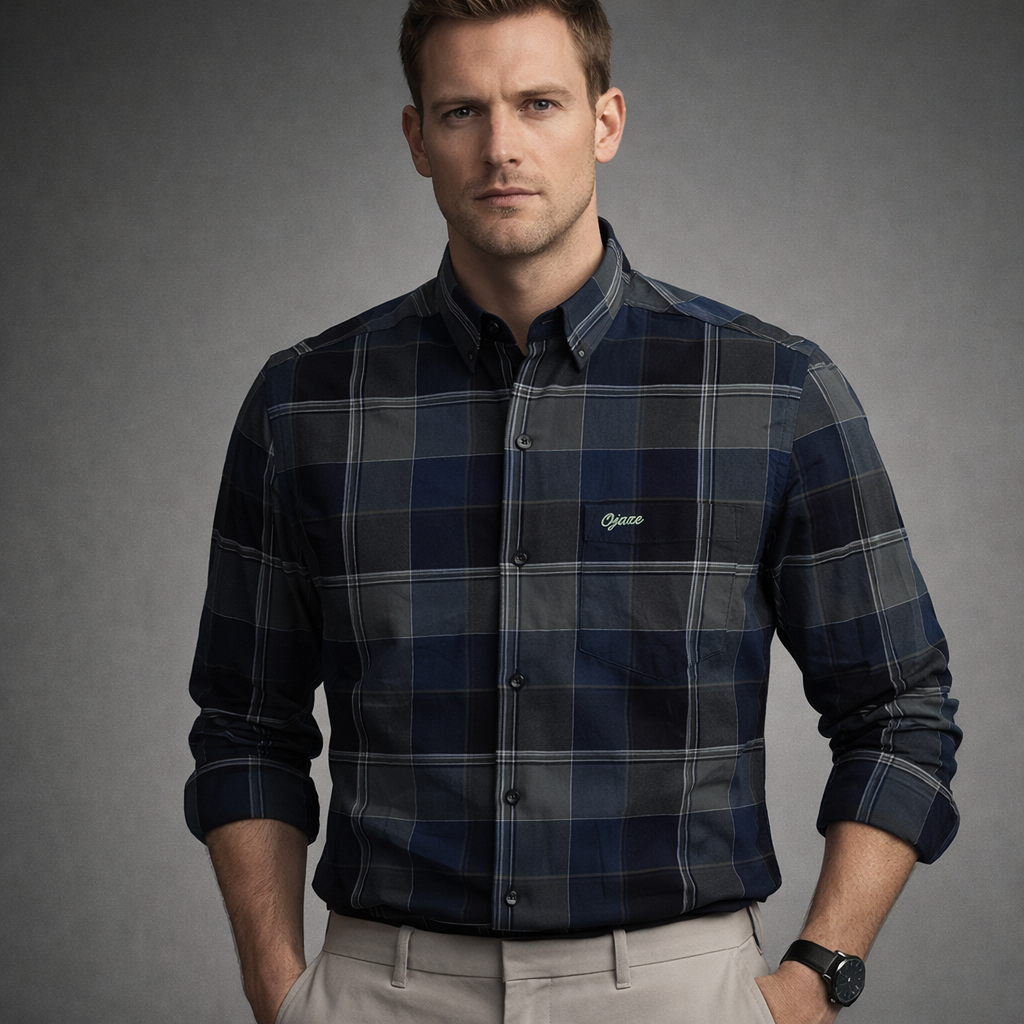 Navy Blue & Grey Check Premium Oxford Shirt | Smart Casual Plaid | Signature Presence Fit