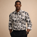 Monochrome Abstract Leaf Print Satin Shirt | Smart Casual Black & Grey Design | Presence Fit
