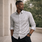 Light Grey Micro-Geometric Print Oxford Shirt | Smart Casual Abstract Design | Presence Fit