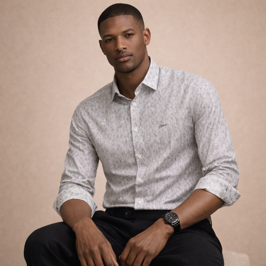 Light Grey Micro-Geometric Print Oxford Shirt | Smart Casual Abstract Design | Presence Fit