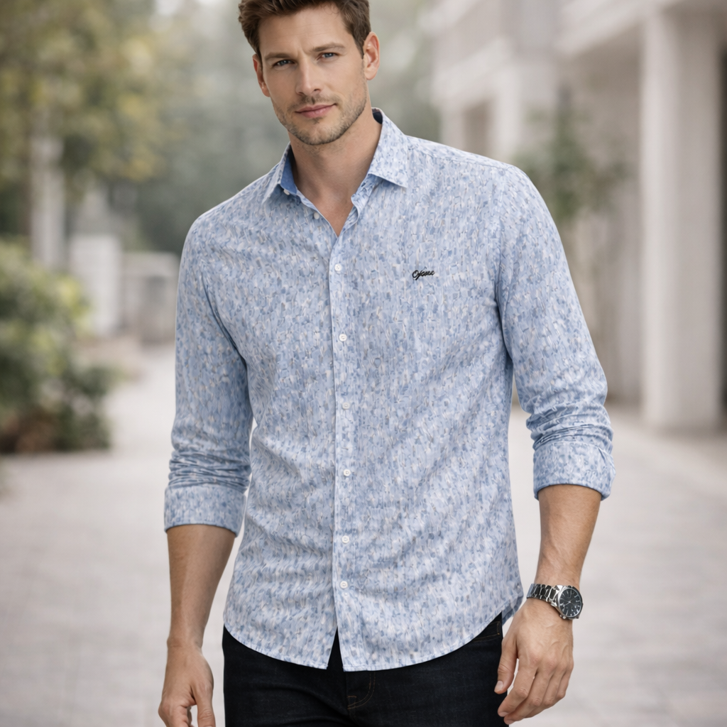 Light Blue Geometric Oxford Print Shirt | Premium Smart Casual | Presence Fit