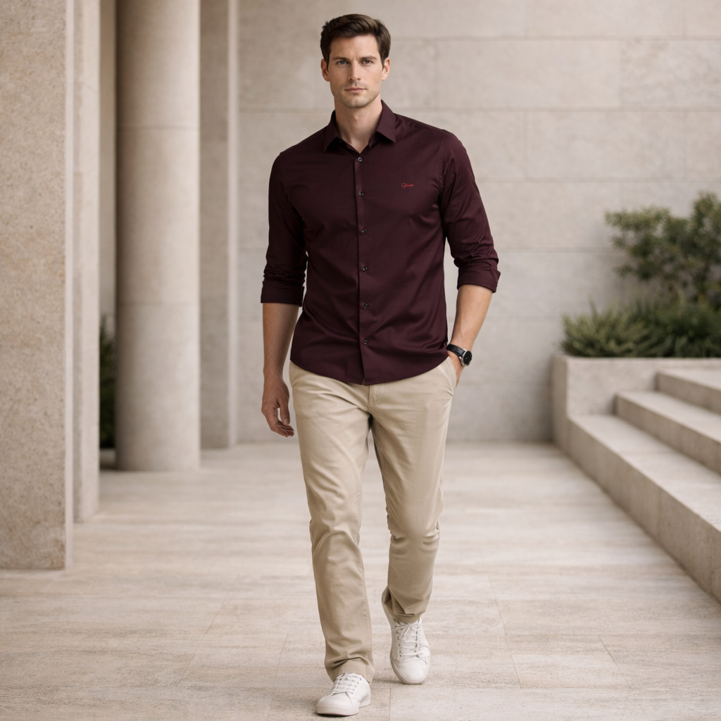 Deep Wine Premium Satin Shirt | Smart Casual Solid | Presence Fit