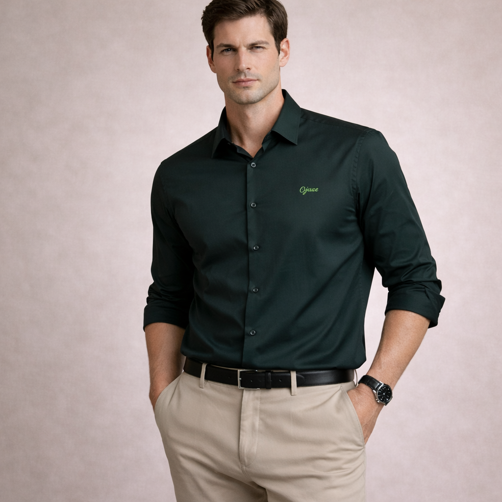 Bottle Green Premium Satin Shirt | Smart Casual Long Sleeve | Presence Fit