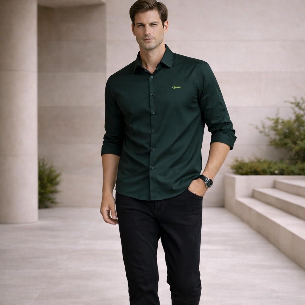 Bottle Green Premium Satin Shirt | Smart Casual Long Sleeve | Presence Fit
