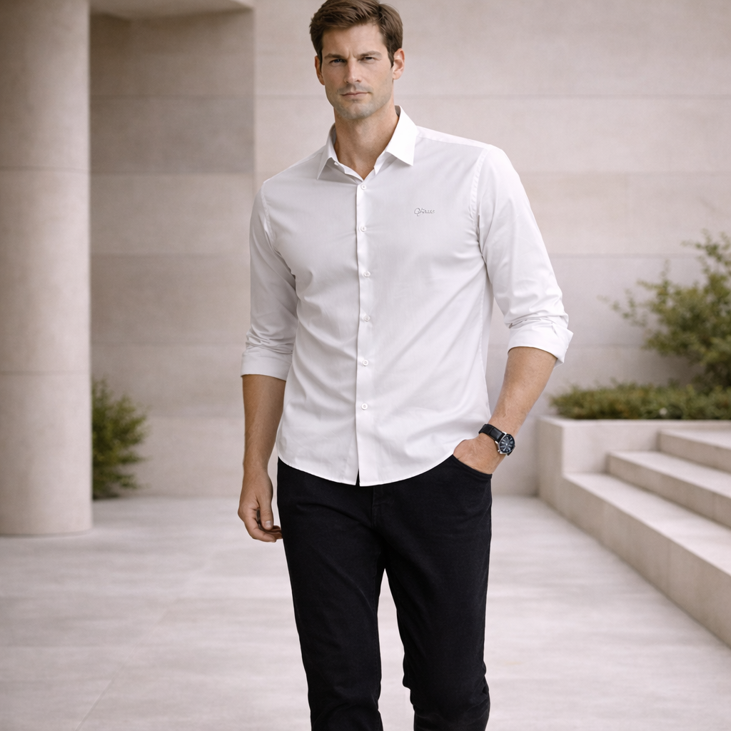 Crisp White Premium Satin Shirt | Smart Casual Long Sleeve | Presence Fit