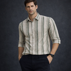 Olive & Cream Striped Premium Shirt | Smart Casual Vertical Stripes | Presence Fit