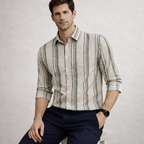 Olive & Cream Striped Premium Shirt | Smart Casual Vertical Stripes | Presence Fit
