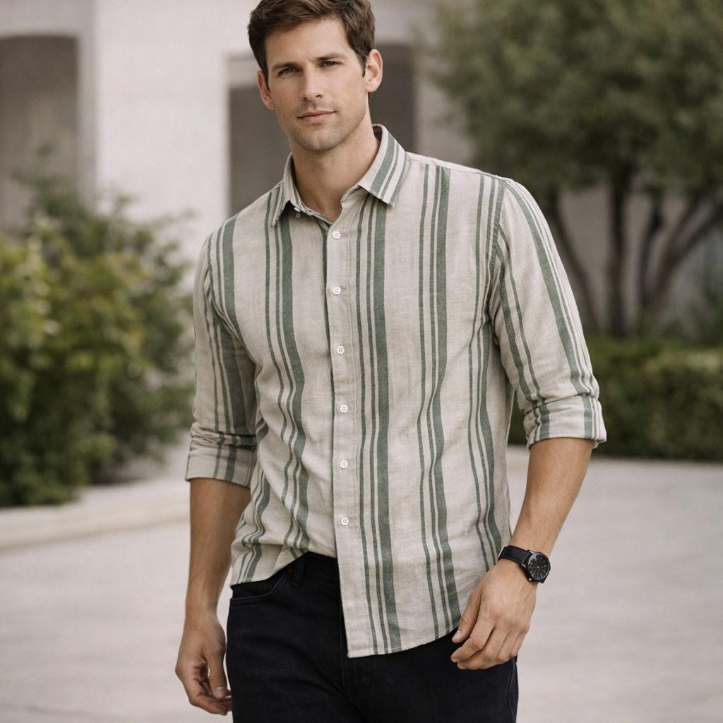 Olive & Cream Striped Premium Shirt | Smart Casual Vertical Stripes | Presence Fit