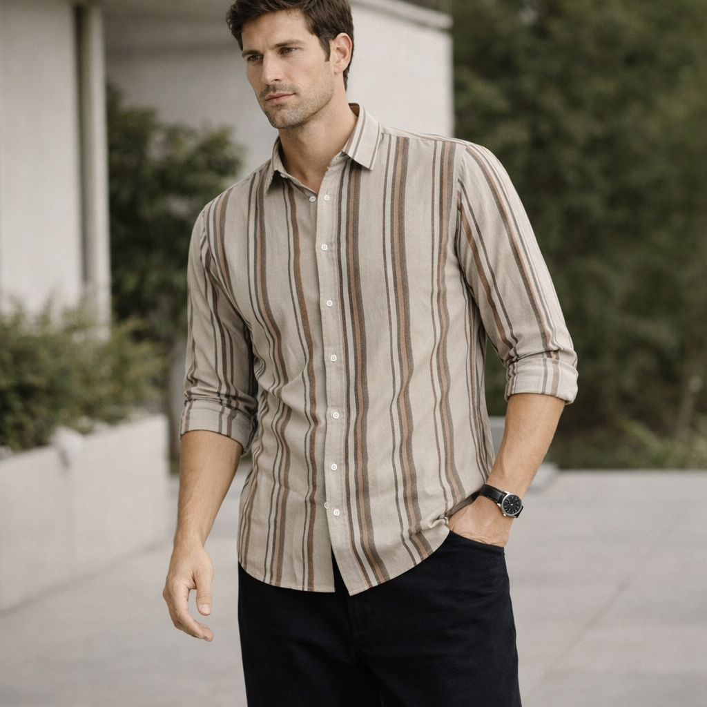 Mocha Brown & Cream Striped Premium Shirt | Smart Casual Vertical Stripes | Presence Fit