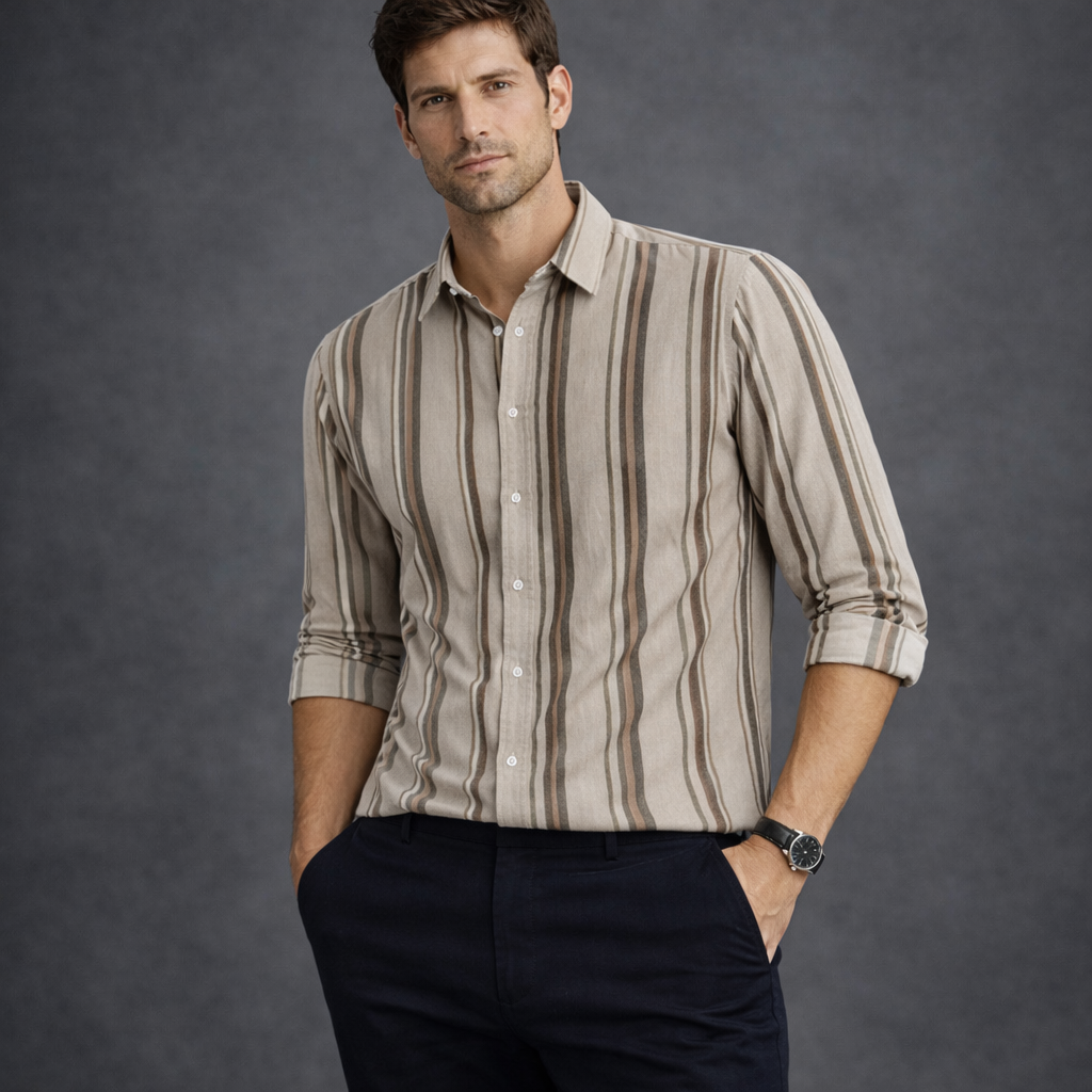 Mocha Brown & Cream Striped Premium Shirt | Smart Casual Vertical Stripes | Presence Fit