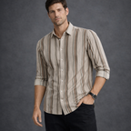Mocha Brown & Cream Striped Premium Shirt | Smart Casual Vertical Stripes | Presence Fit