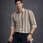 Mocha Brown & Cream Striped Premium Shirt | Smart Casual Vertical Stripes | Presence Fit