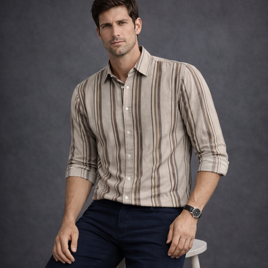 Mocha Brown & Cream Striped Premium Shirt | Smart Casual Vertical Stripes | Presence Fit