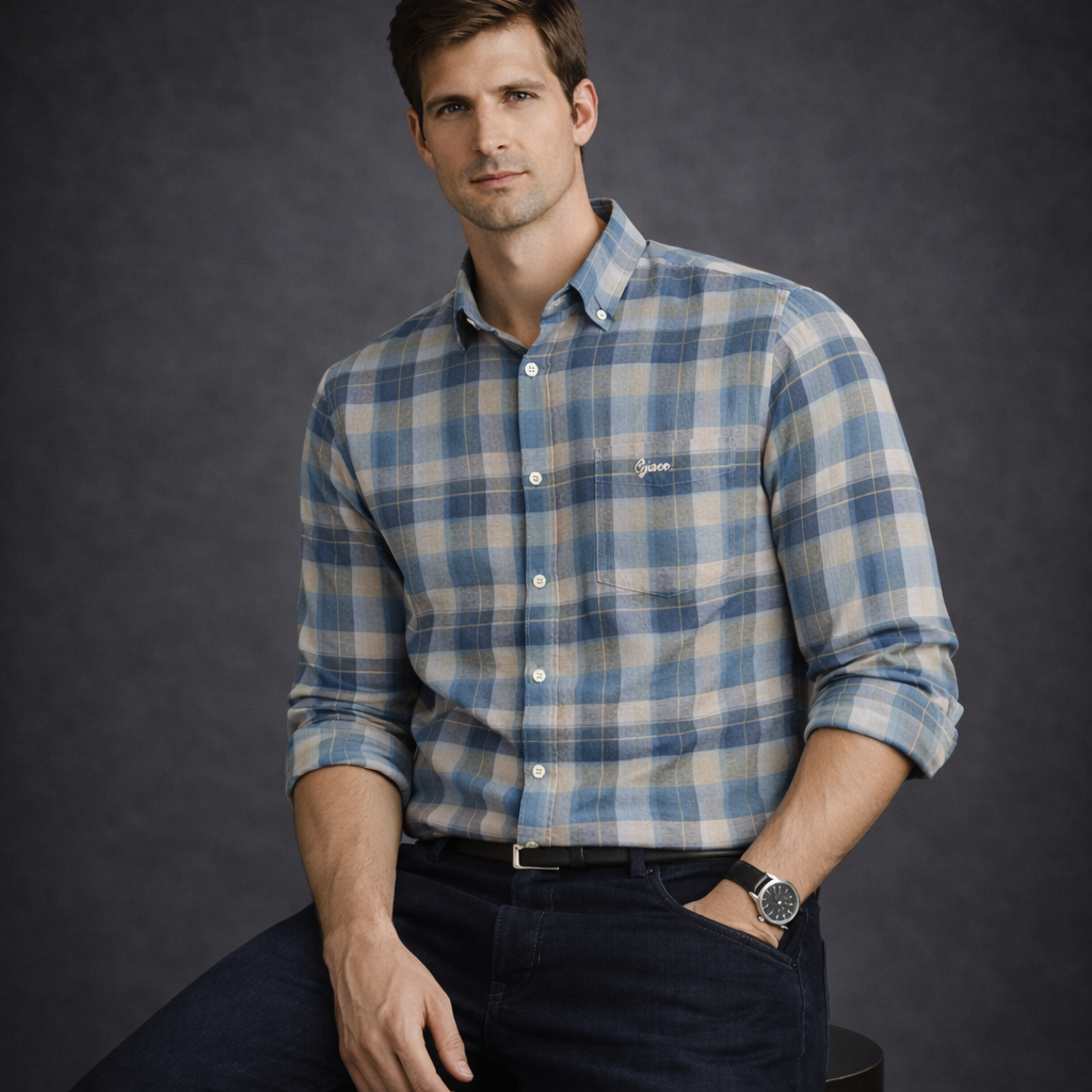 Slate Blue & Grey Plaid Premium Oxford Shirt | Smart Casual Checked Pattern | Presence Fit