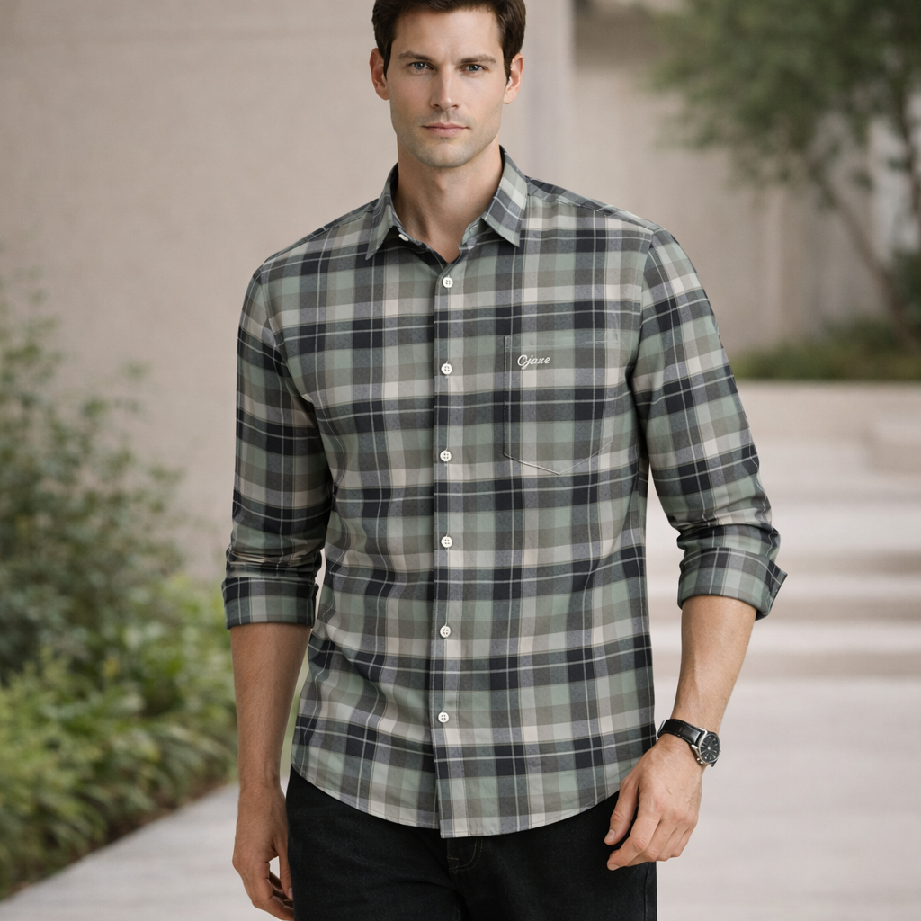 Sage Green & Grey Plaid Premium Oxford Shirt | Smart Casual Checked Pattern | Presence Fit