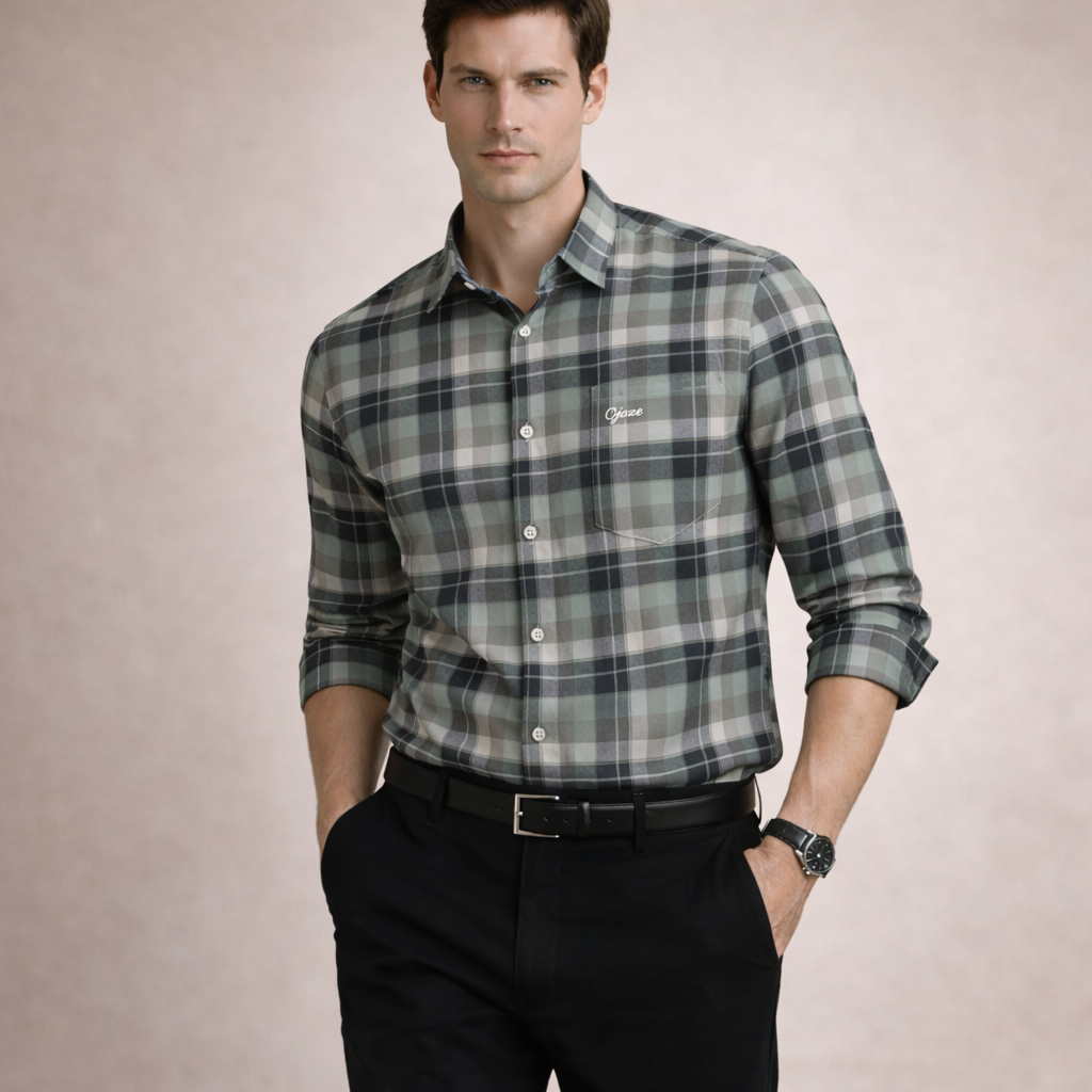 Sage Green & Grey Plaid Premium Oxford Shirt | Smart Casual Checked Pattern | Presence Fit