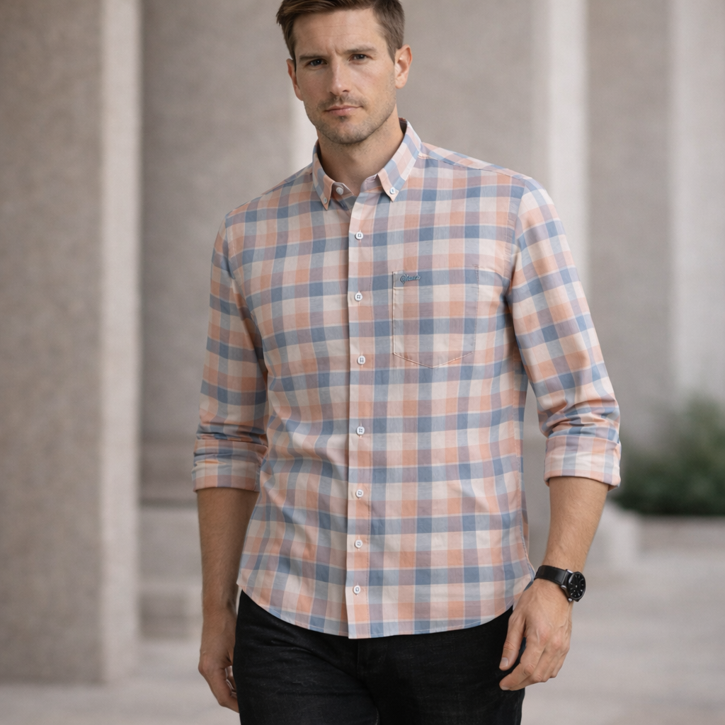 Soft Pink & Grey Plaid Premium Slub Checks Shirt | Smart Casual Checked Pattern | Presence Fit