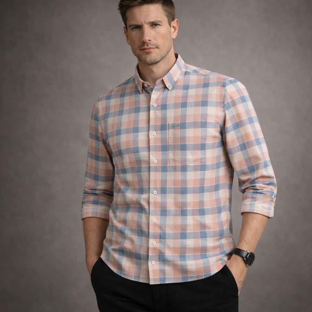 Soft Pink & Grey Plaid Premium Slub Checks Shirt | Smart Casual Checked Pattern | Presence Fit