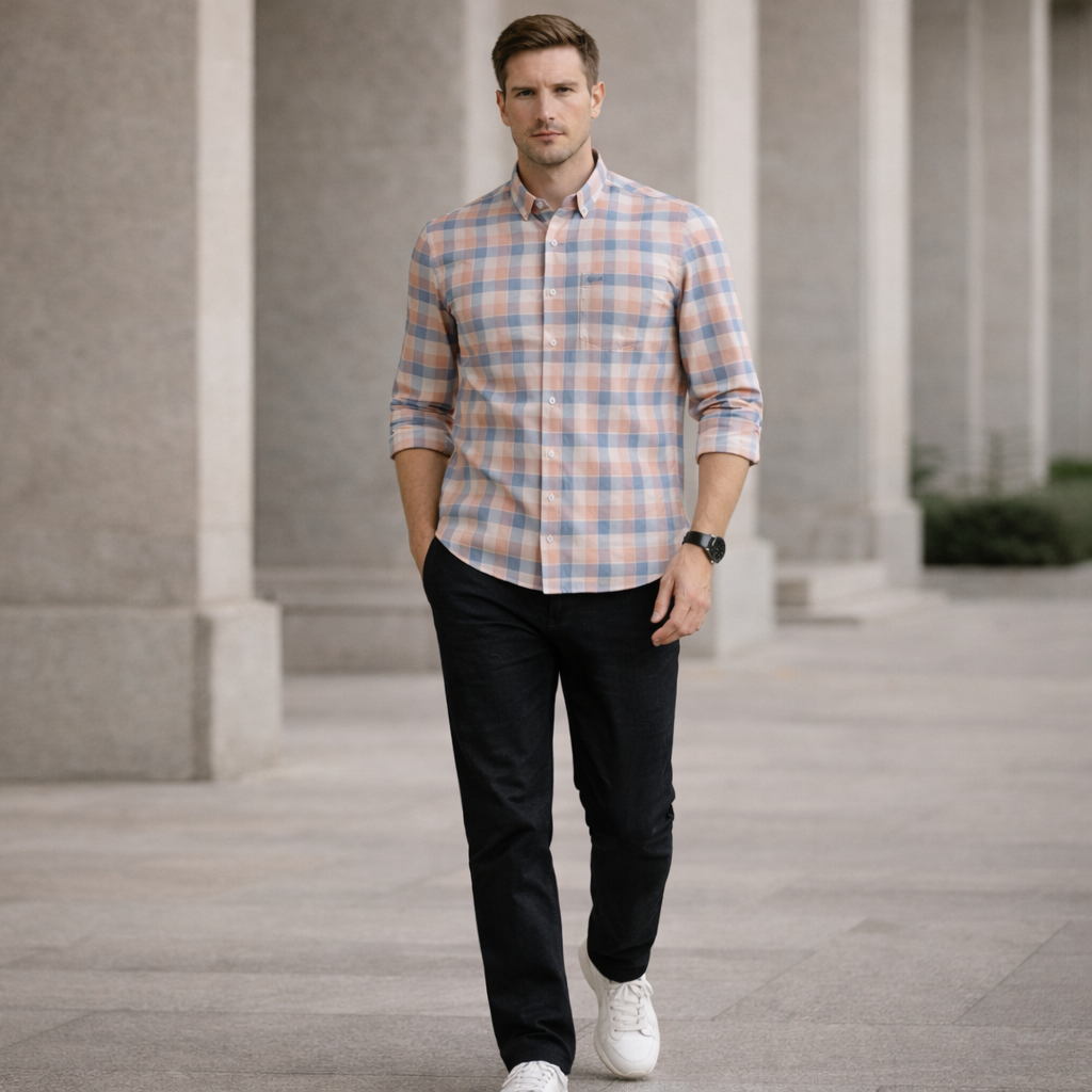 Soft Pink & Grey Plaid Premium Slub Checks Shirt | Smart Casual Checked Pattern | Presence Fit