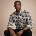 Monochrome Abstract Leaf Print Satin Shirt | Smart Casual Black & Grey Design | Presence Fit