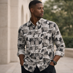 Monochrome Abstract Leaf Print Satin Shirt | Smart Casual Black & Grey Design | Presence Fit