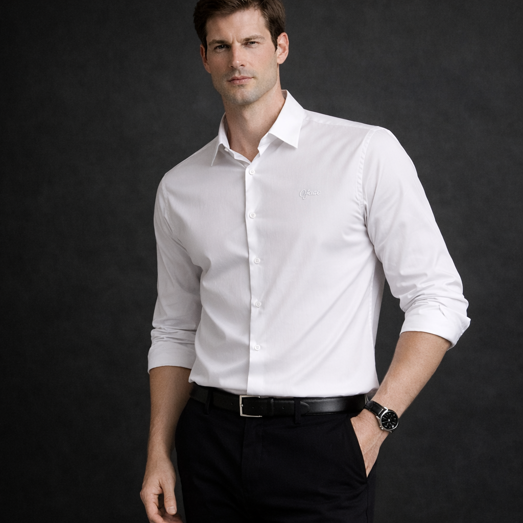Crisp White Premium Satin Shirt | Smart Casual Long Sleeve | Presence Fit