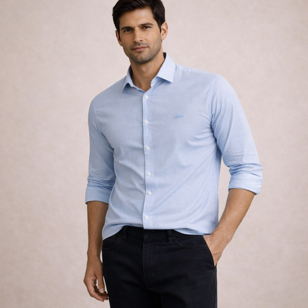 Sky Blue Premium Linen Blend Shirt | Smart Casual Long Sleeve | Presence Fit