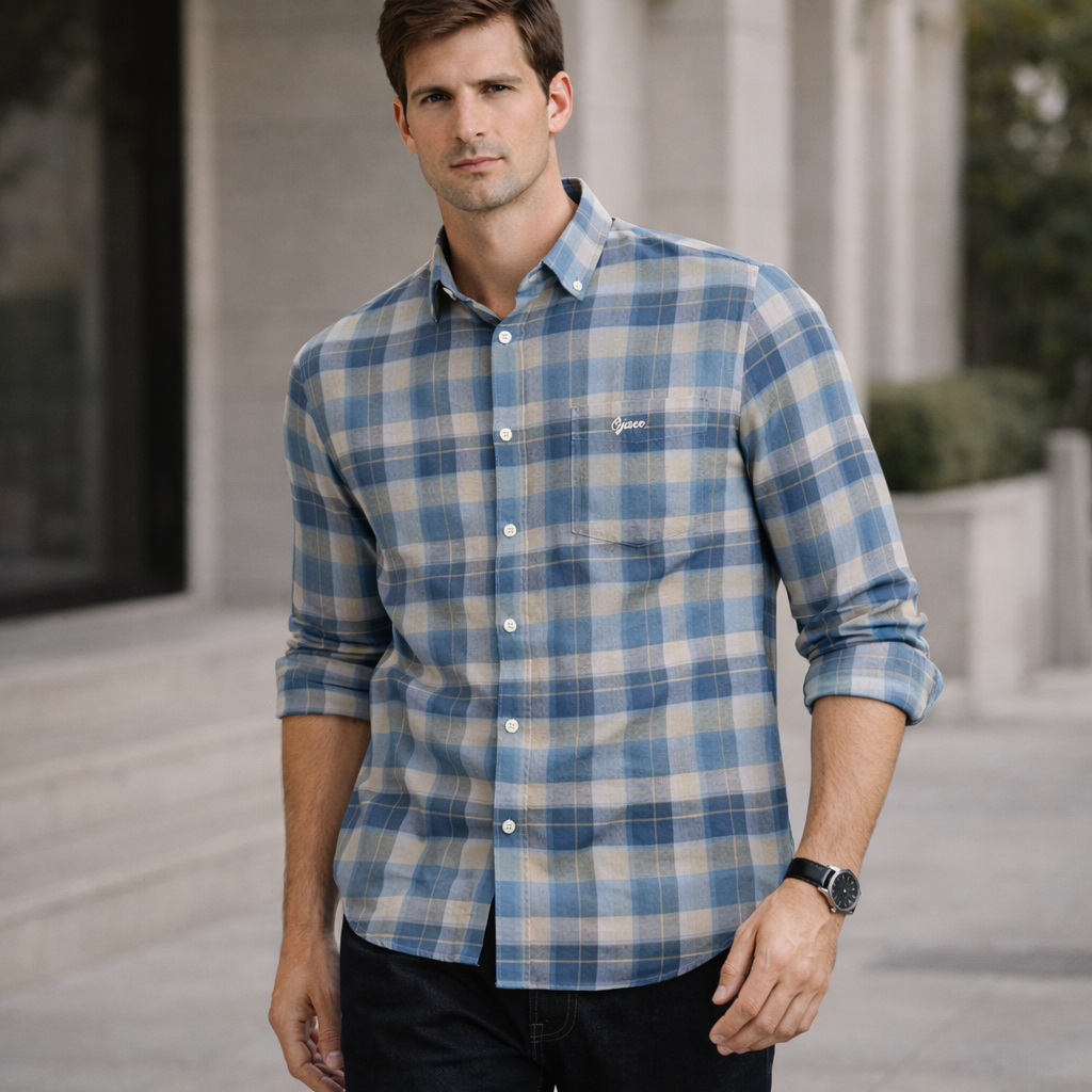 Slate Blue & Grey Plaid Premium Oxford Shirt | Smart Casual Checked Pattern | Presence Fit