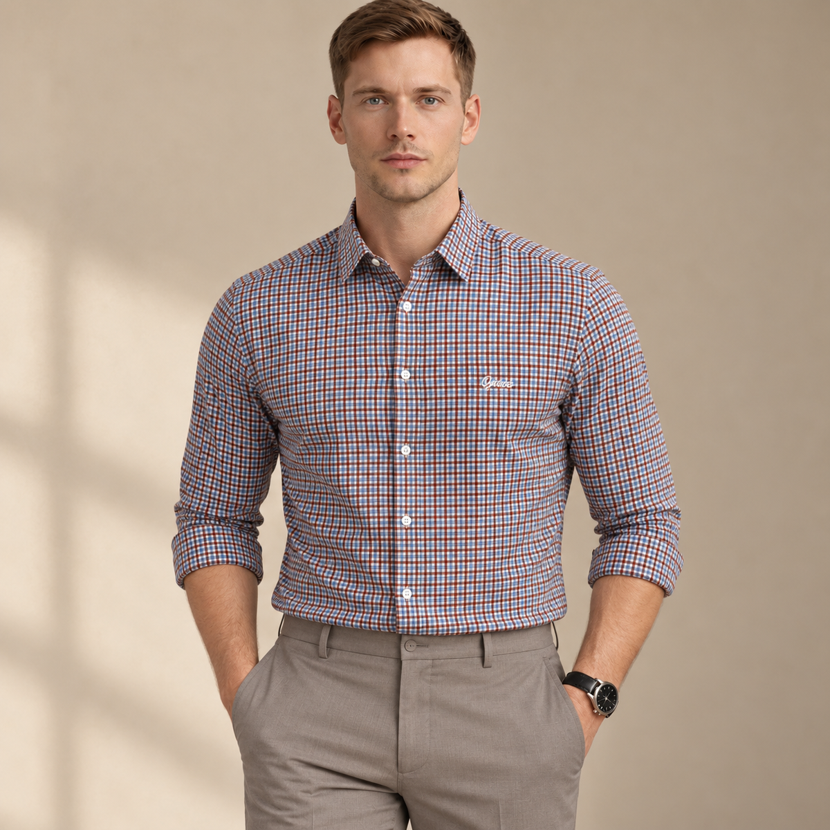 Rust & Blue Checkered Shirt | Smart Casual | Presence Fit