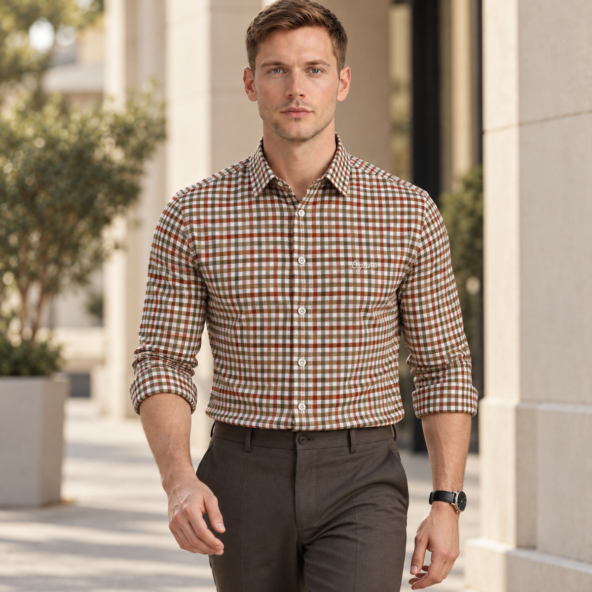 Rust & Olive Checkered Shirt | Smart Casual | Presence Fit