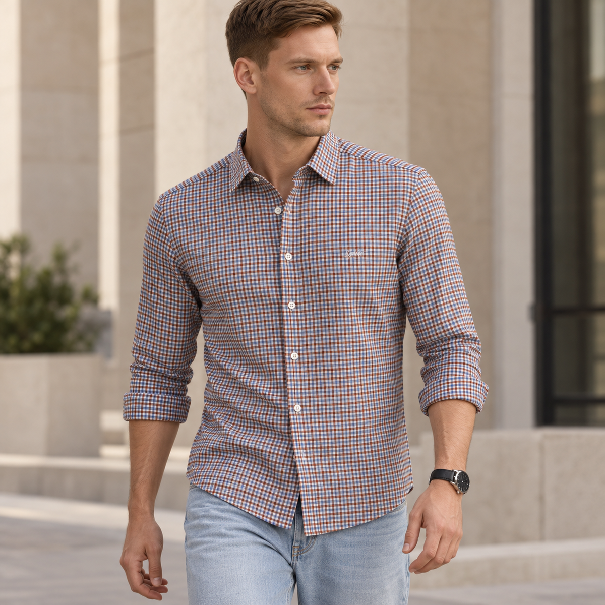 Rust & Blue Checkered Shirt | Smart Casual | Presence Fit