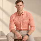 Peach & White Box Checkered Shirt | Smart Casual | Presence Fit