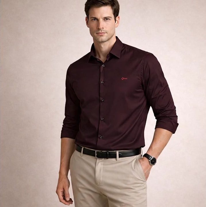 Deep Wine Premium Satin Shirt | Smart Casual Solid | Presence Fit